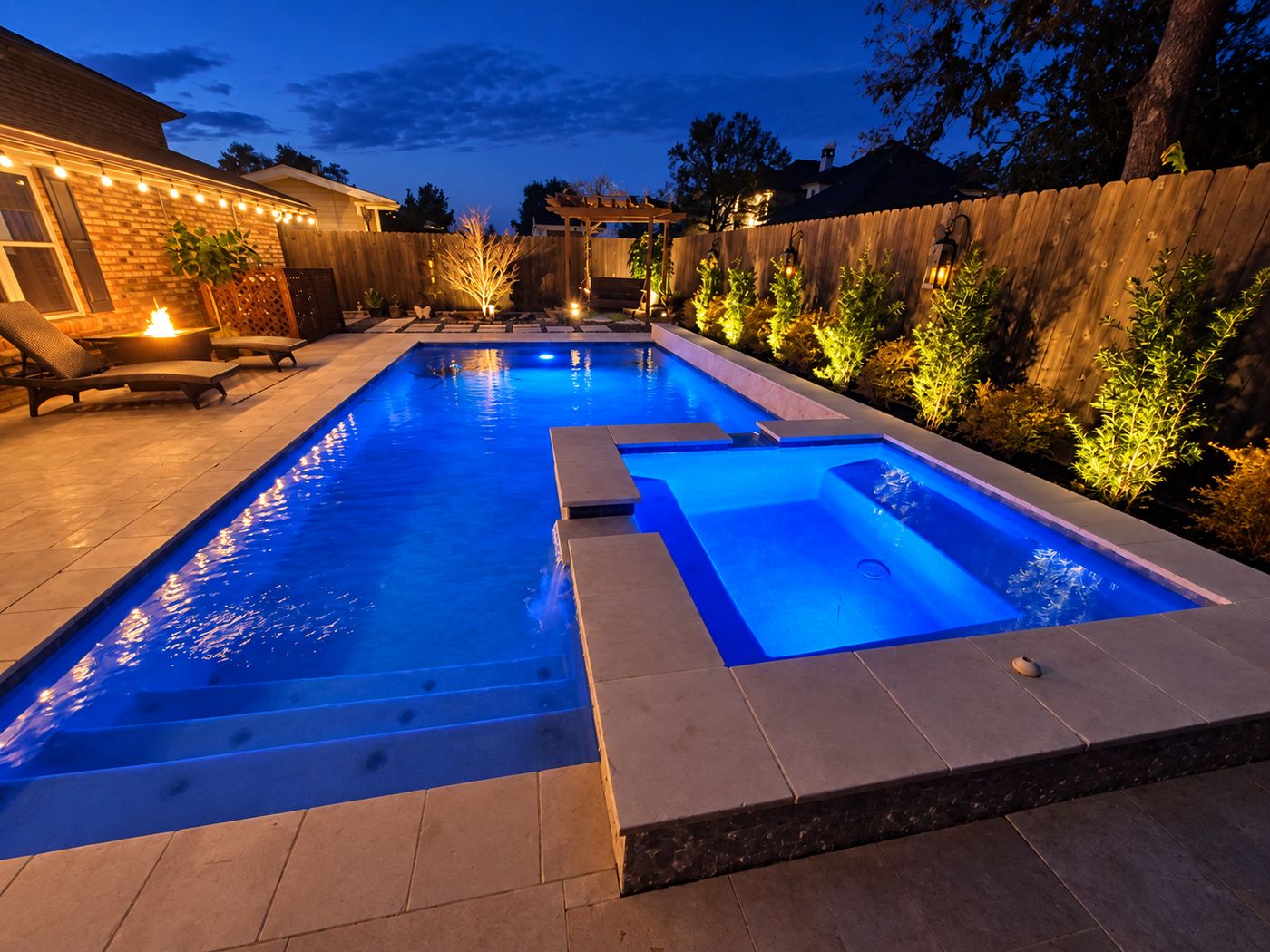 Pool and raised spa lit up at dusk with landscape lighting