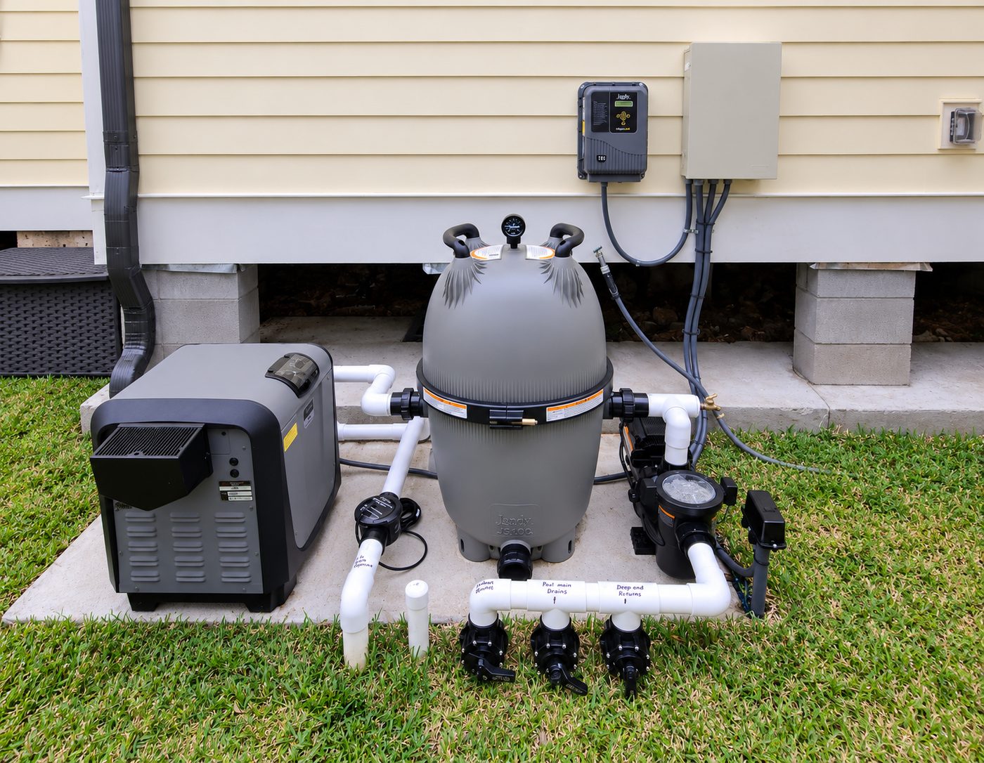 Jandy equipment pad with heater, cartridge filter, variable-speed pump, labeled valves, and iAquaLink control panel beside a raised home