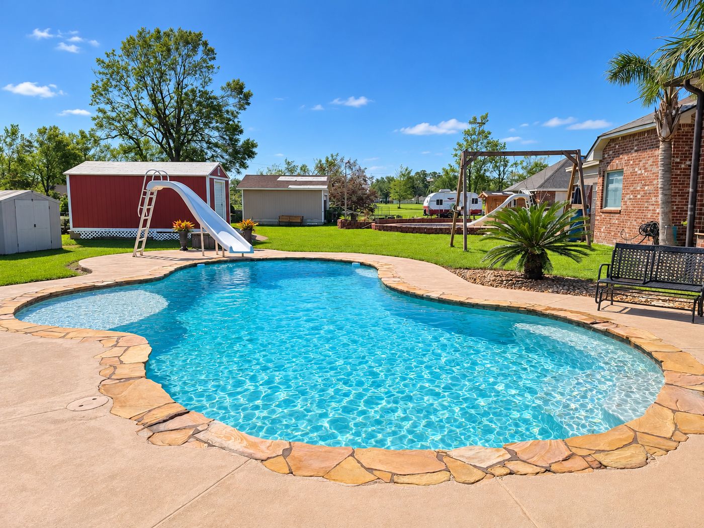 Freeform pool with flagstone edge and slide