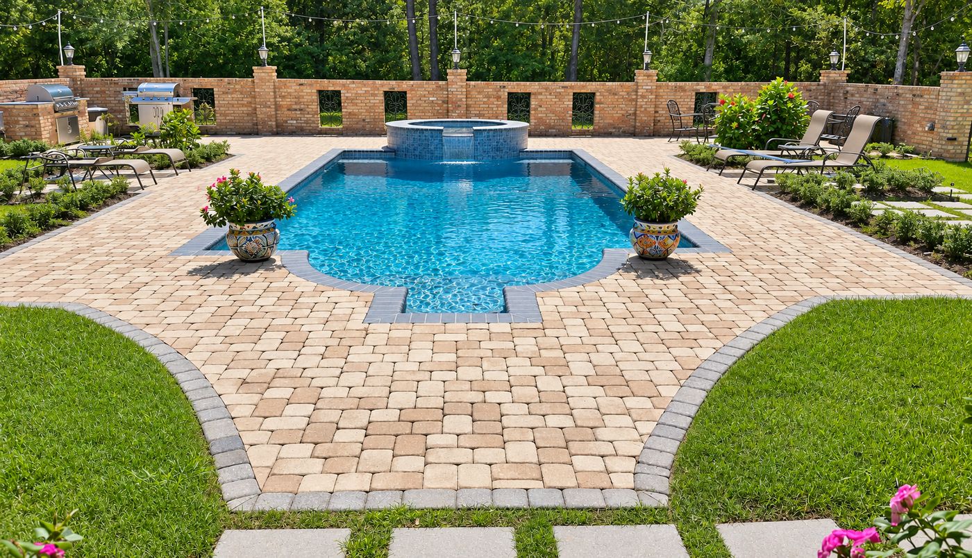 Pool with spa spillover and pavestone deck