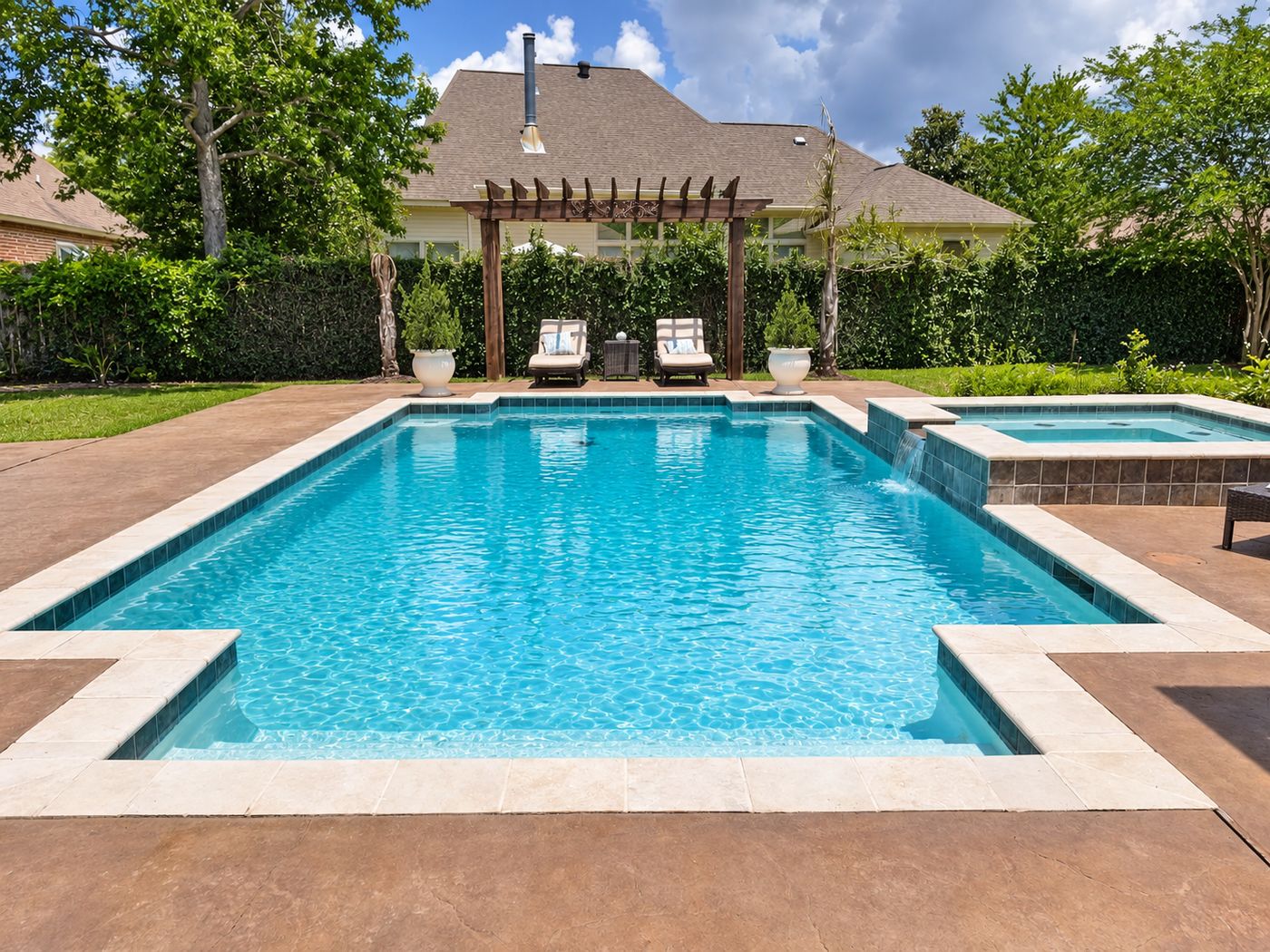 Rectangular pool with spa spillover and pergola