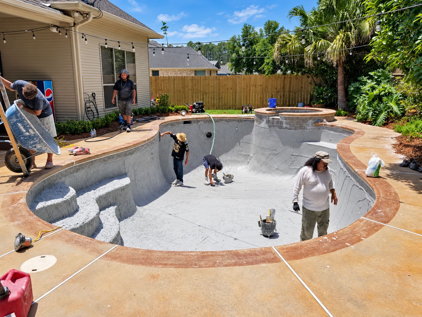 Crew preparing a drained pool shell during a renovation