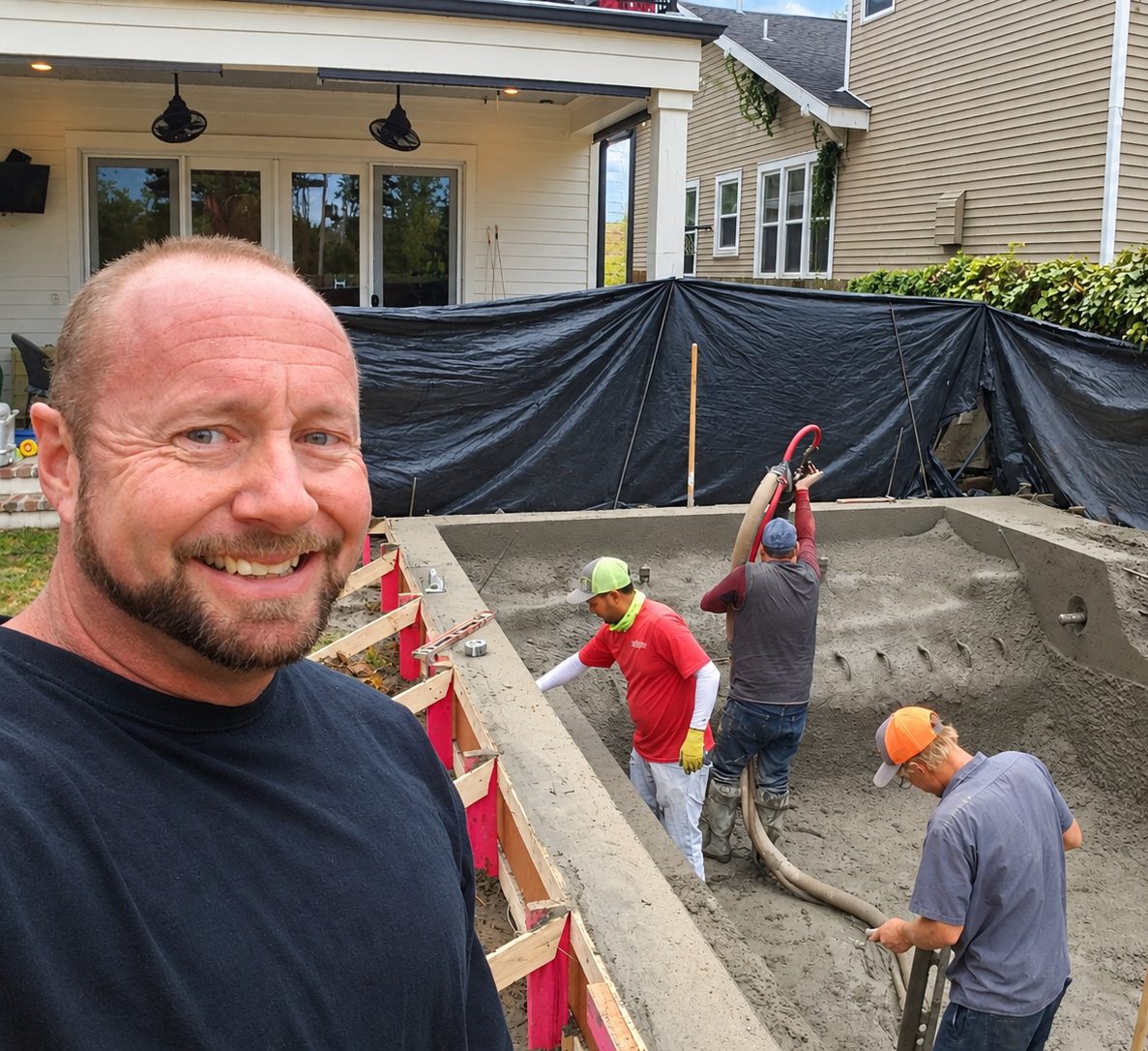 Sean Faulk smiling on a job site while his crew sprays gunite into a new pool shell